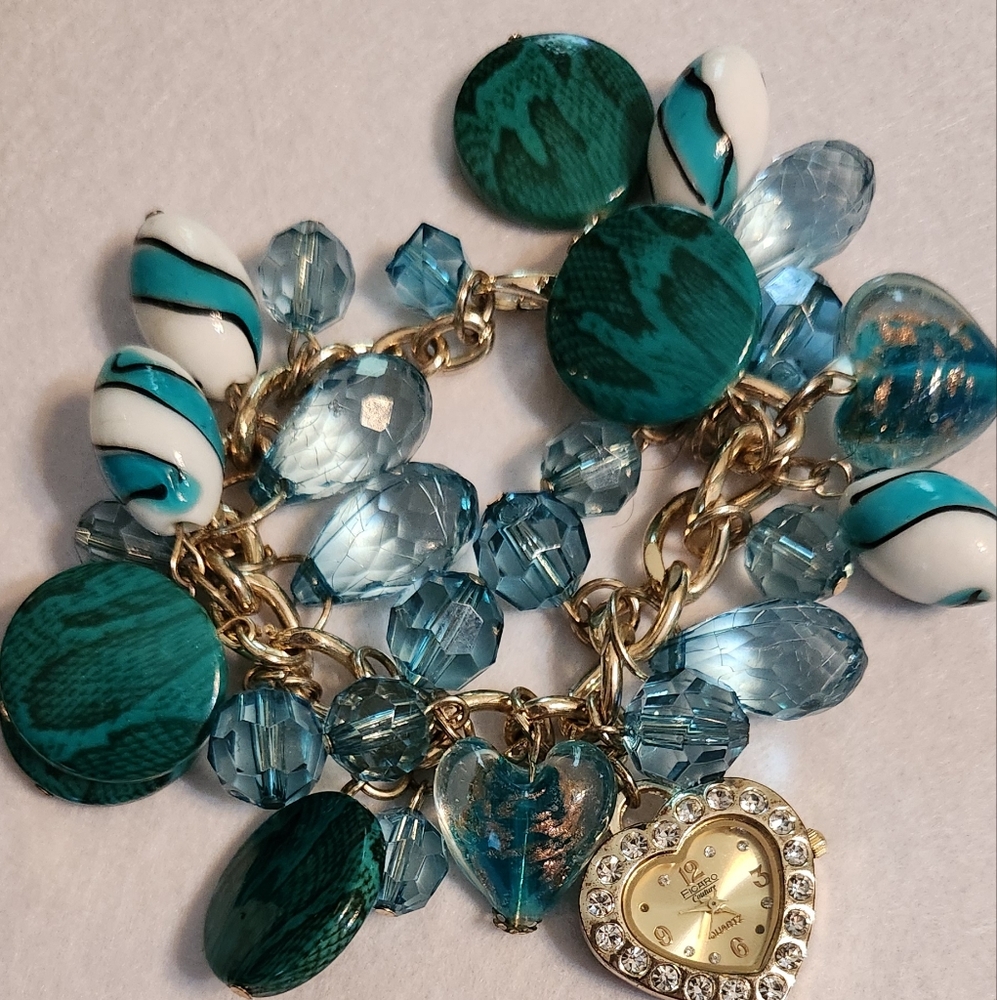 Chic Teal and Gold Charm Bracelet Watch